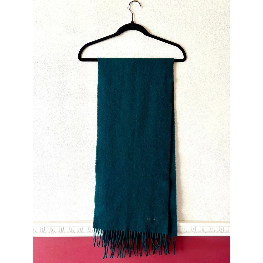 Vintage Harrods Knightsbridge Green 100% Lambswool Scarf Scotland Fringed Logo